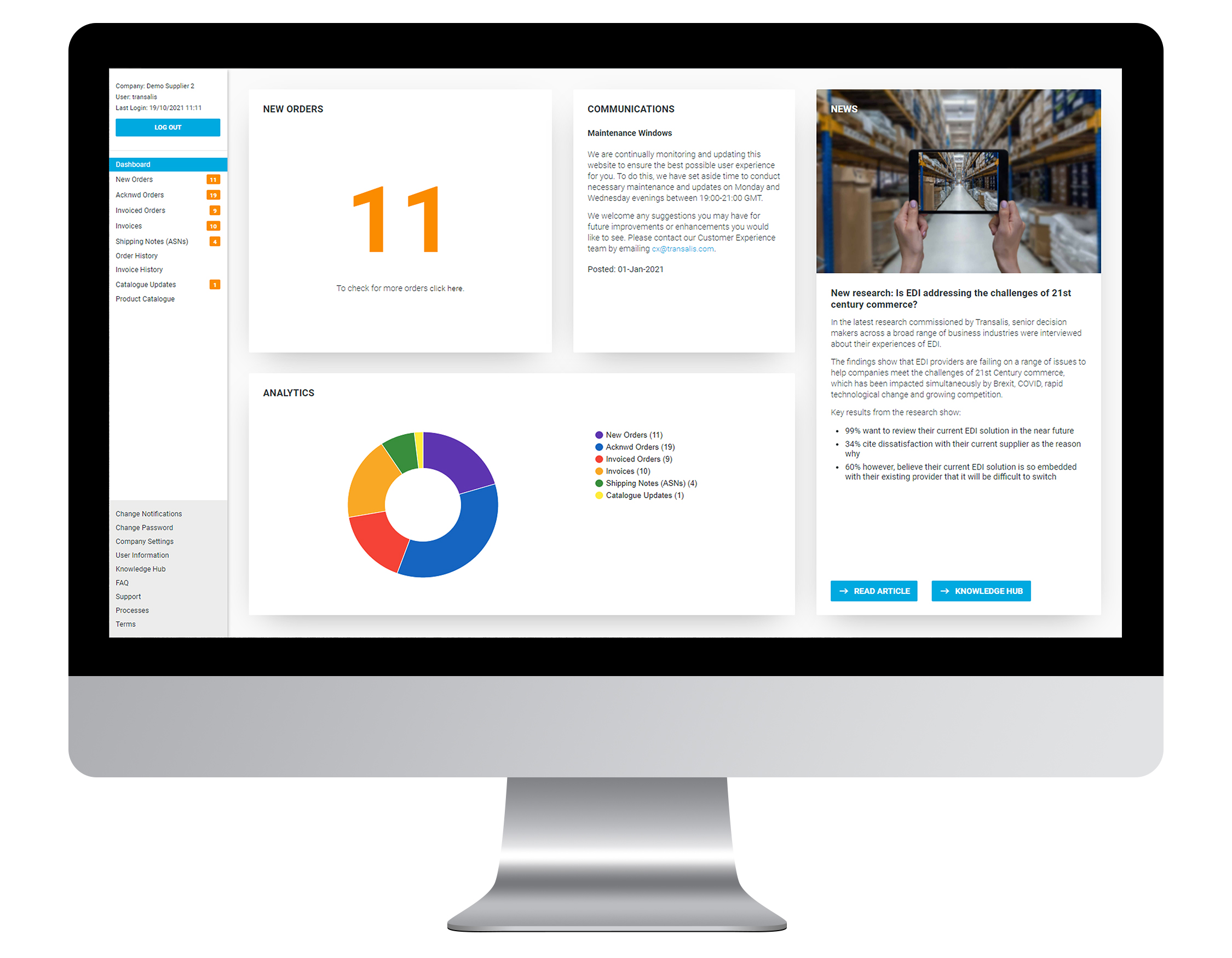 Transalis eDI user platform. This is the main dashboard, which provides a high level overview of your business data. The latest industry announcements can also be found here on the noticeboard, as well as links to useful resources from our Knowledge Hub.