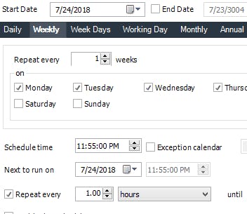 PBRS Software - Standard scheduling frequencies include Daily, Weekly, Weekdays, Working Days, Monthly, Quarterly and Annually.