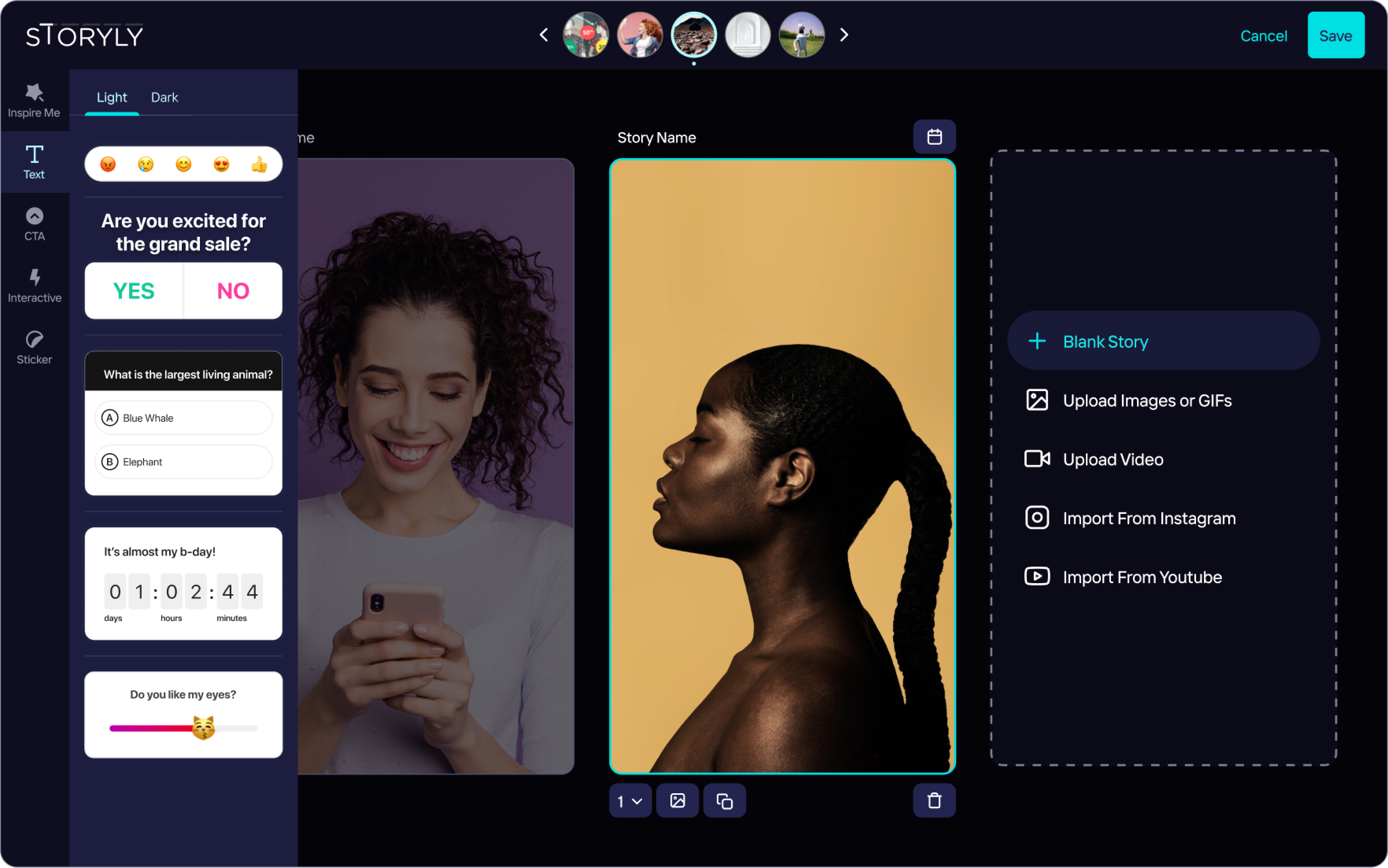 Storyly Studio enables you to create your in-app stories from scratch or automate story sharing with engaging templates. You can add interactive stickers, CTA buttons, or product tags to your stories.