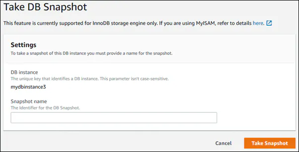 Amazon RDS database snapshot