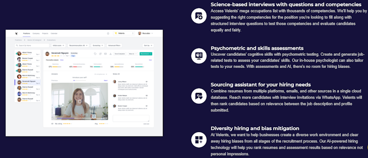 Velents screenshot: End-to-end Hiring Platform where you can build your career page, attract candidates, assess, evaluate, interview, score, and hire with confidence