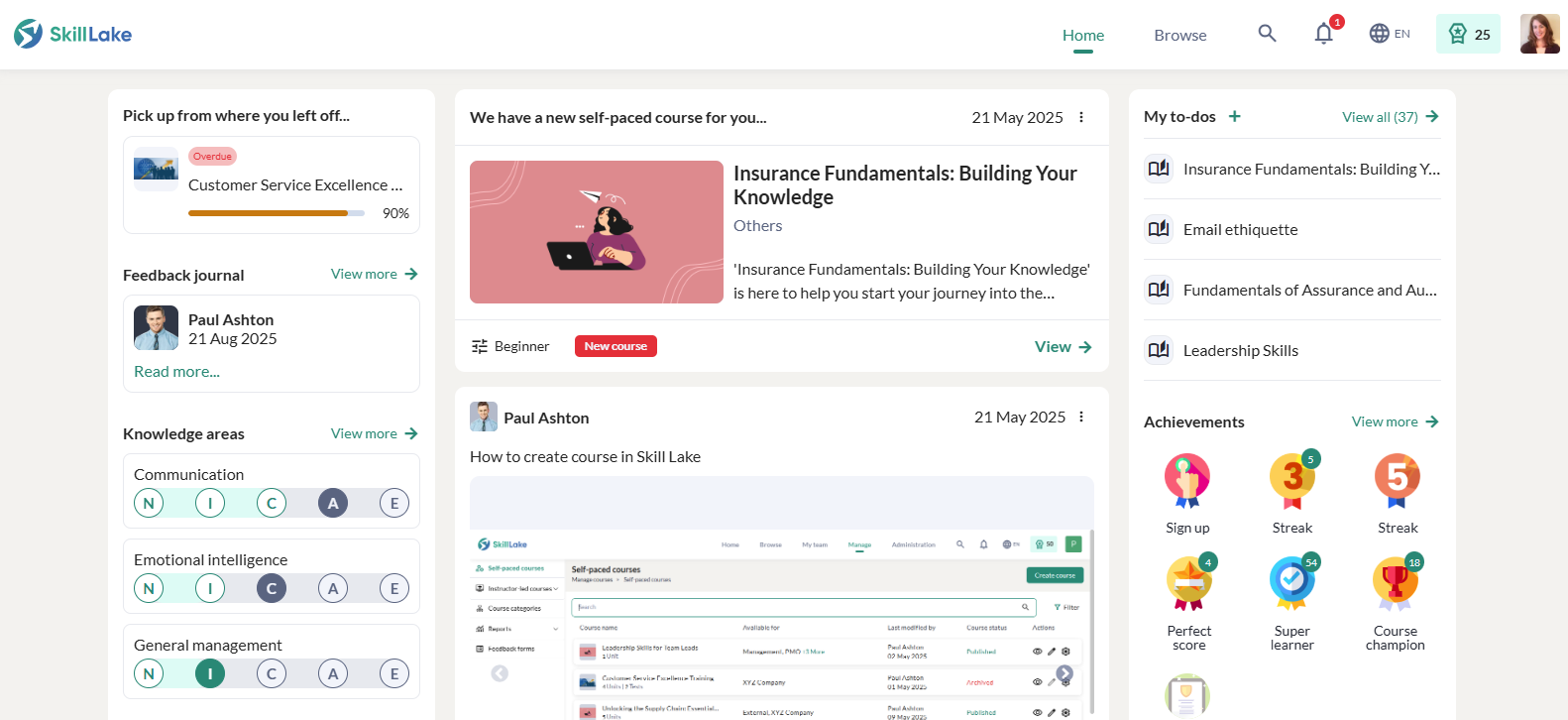 Skill Lake screenshot: LMS Learner dashboard shows your learning progress at a glance. View assigned and self-enrolled courses, see what’s completed or in progress, and track each course with clear progress bars to stay on track.