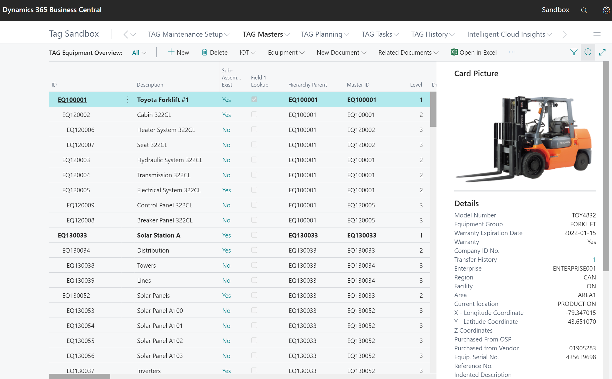 The Asset Guardian (TAG) Software - Equipment list with overview - TAG EAM (Business Central)