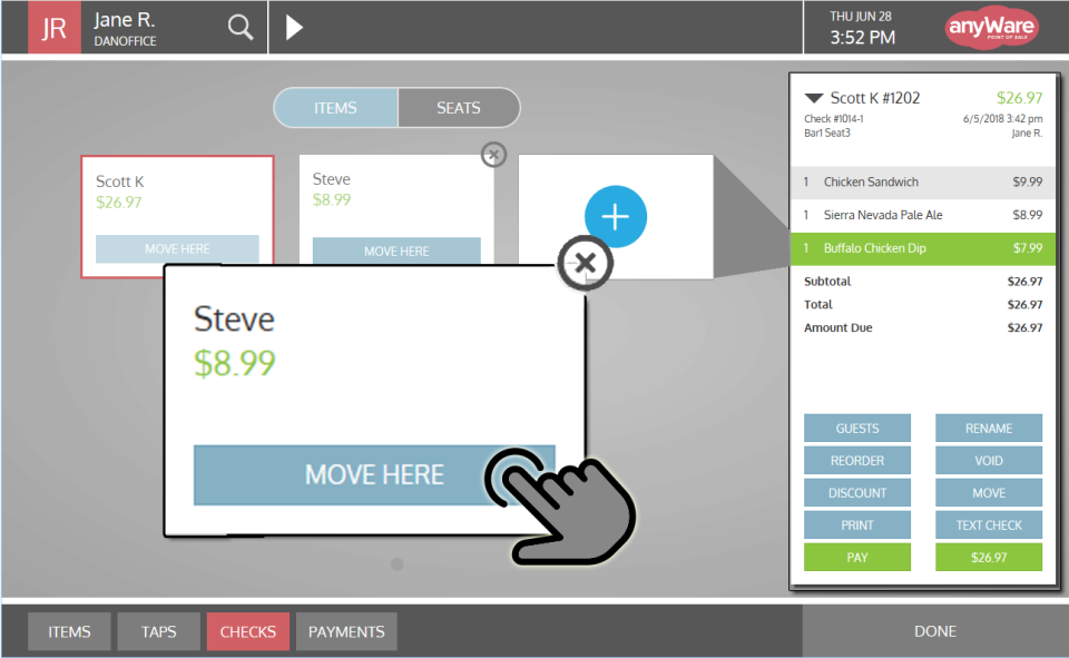 Create as many checks per party as needed, and move items easily from one to another