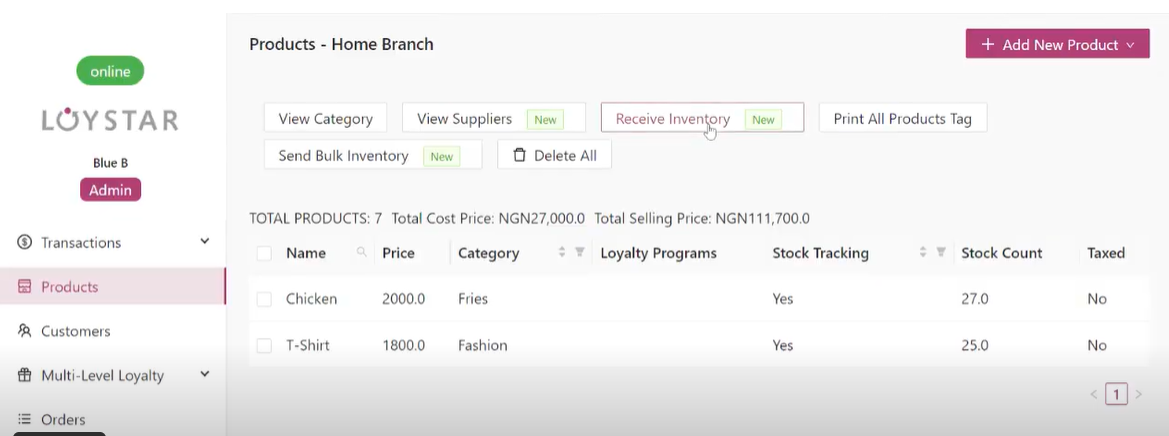 Loystar screenshot: Loystar create and view products