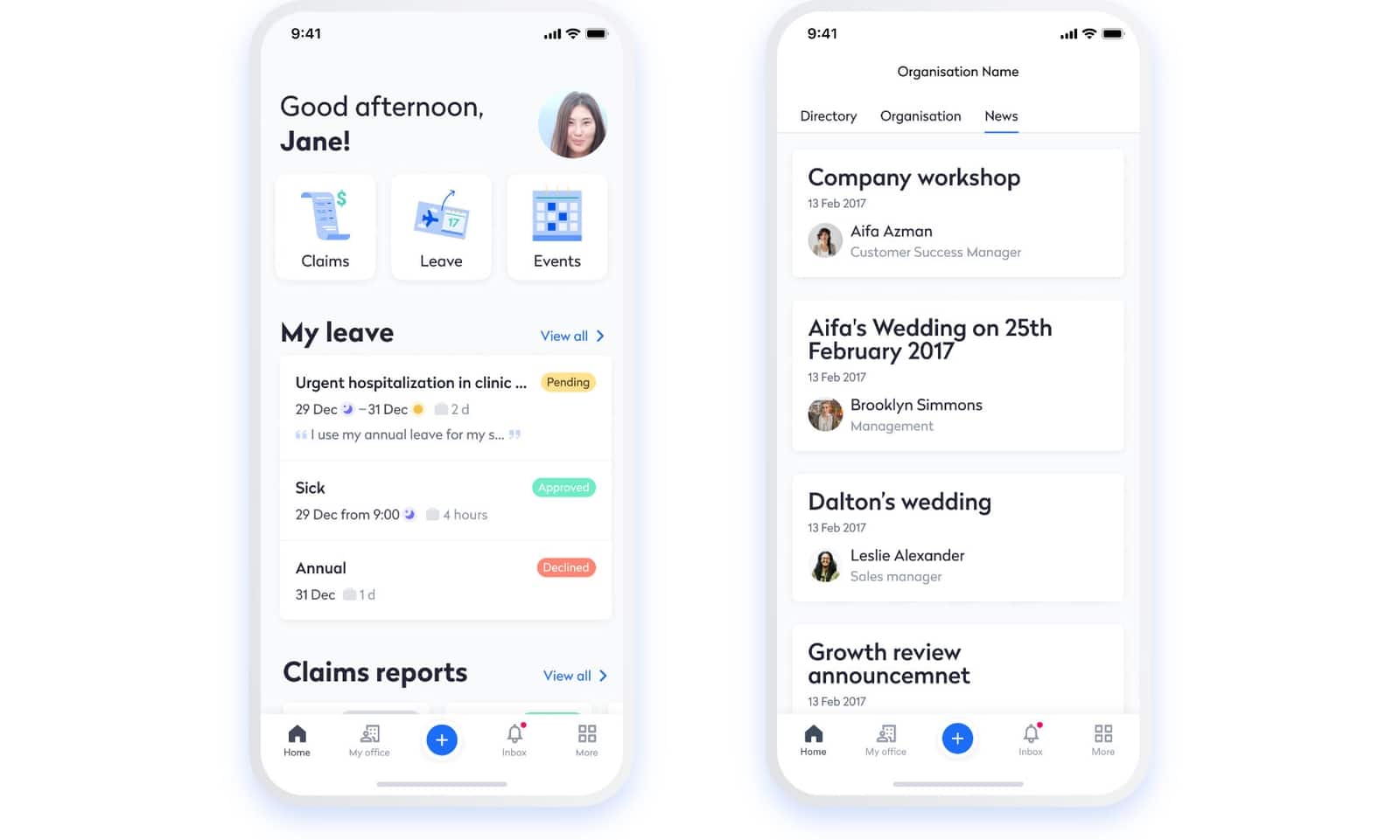 Swingvy mobile HR app dashboard and company news feed