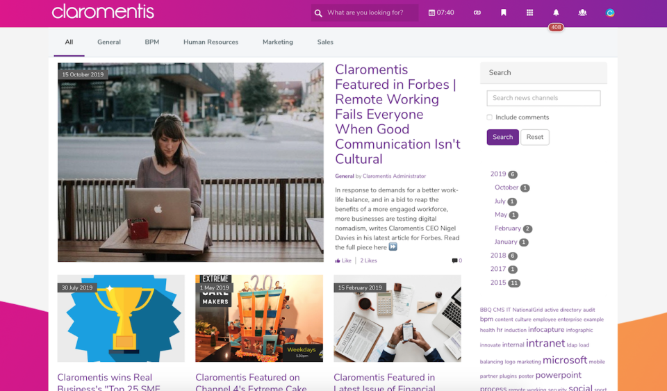 News homepage, displaying company news articles