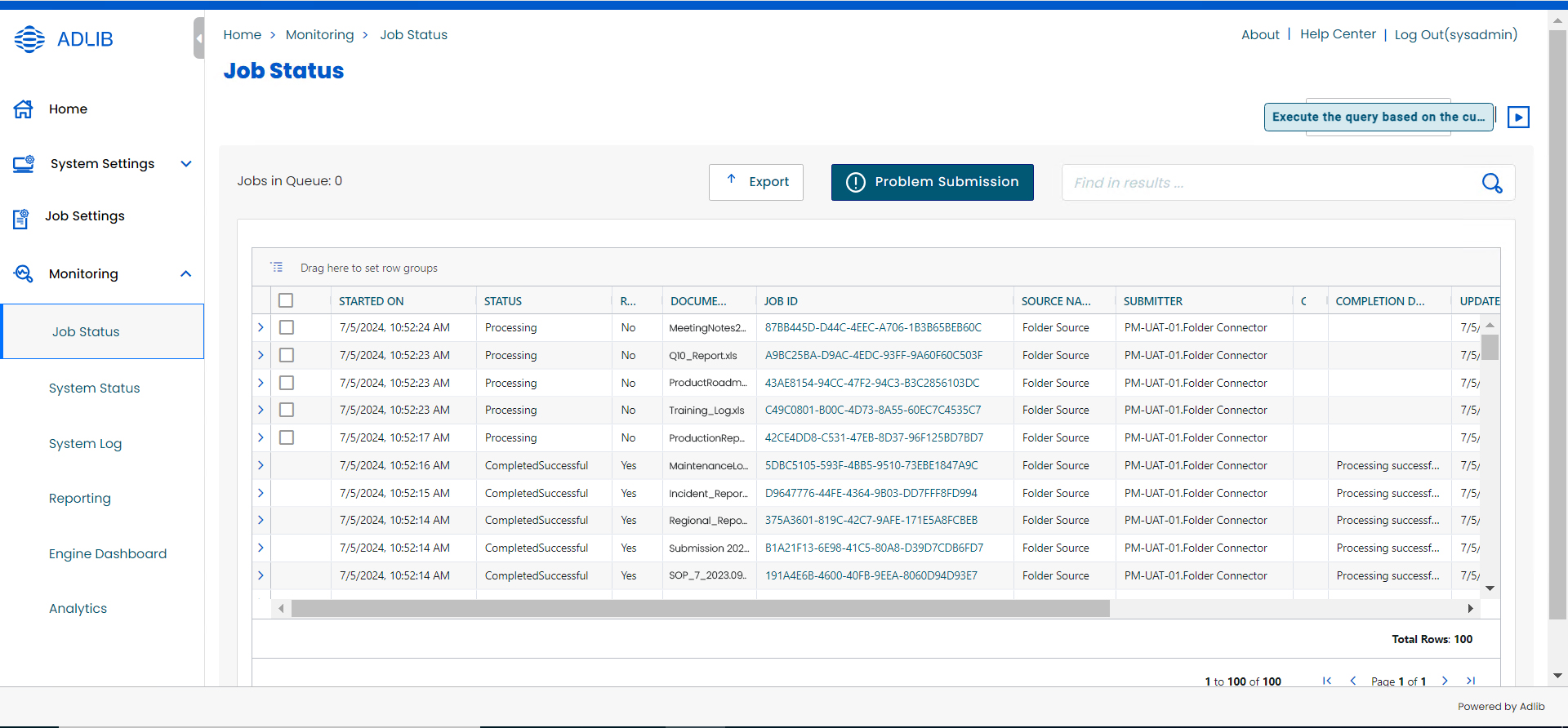 Adlib screenshot: Jobs Monitoring Module, displaying the status of all current and historical jobs.