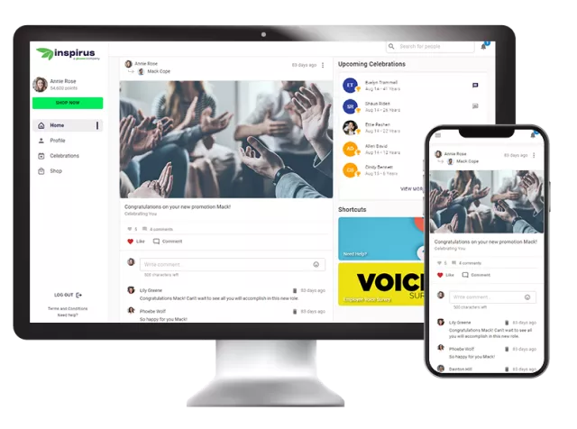 Inspirus Employee Engagement Platform Software - Recognize great work, milestone moments and other achievements in one central hub. Employees can send recognition for a job well done, upcoming birthdays and work anniversaries, or any other accomplishment, either publicly or privately.