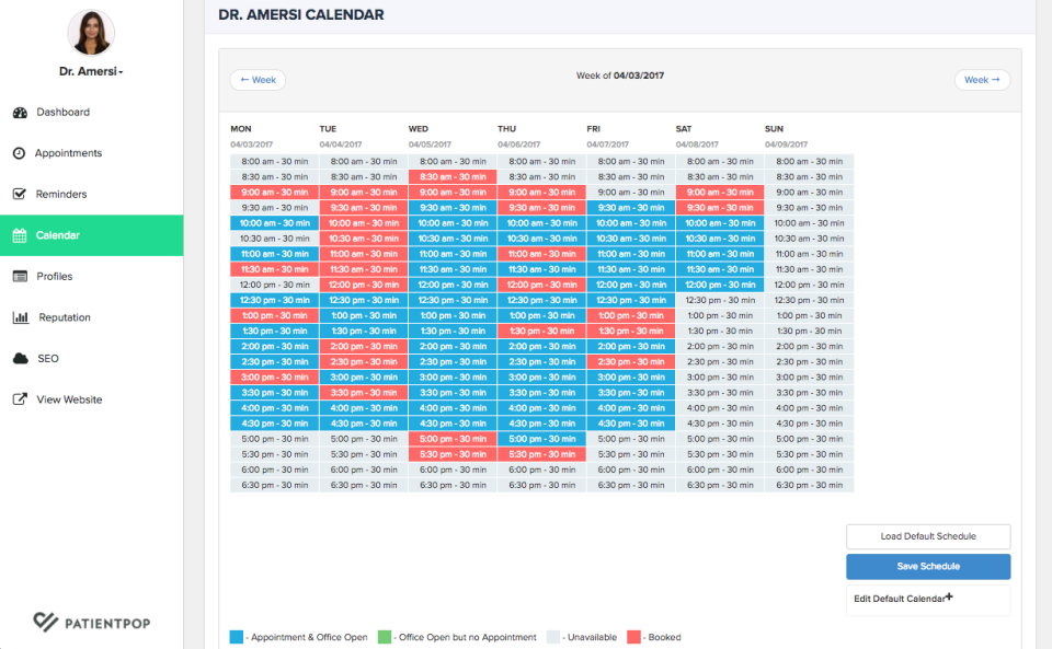 PatientPop Software - Healthcare practitioners and facility staff can access, view and manage color-coded appointment calendars