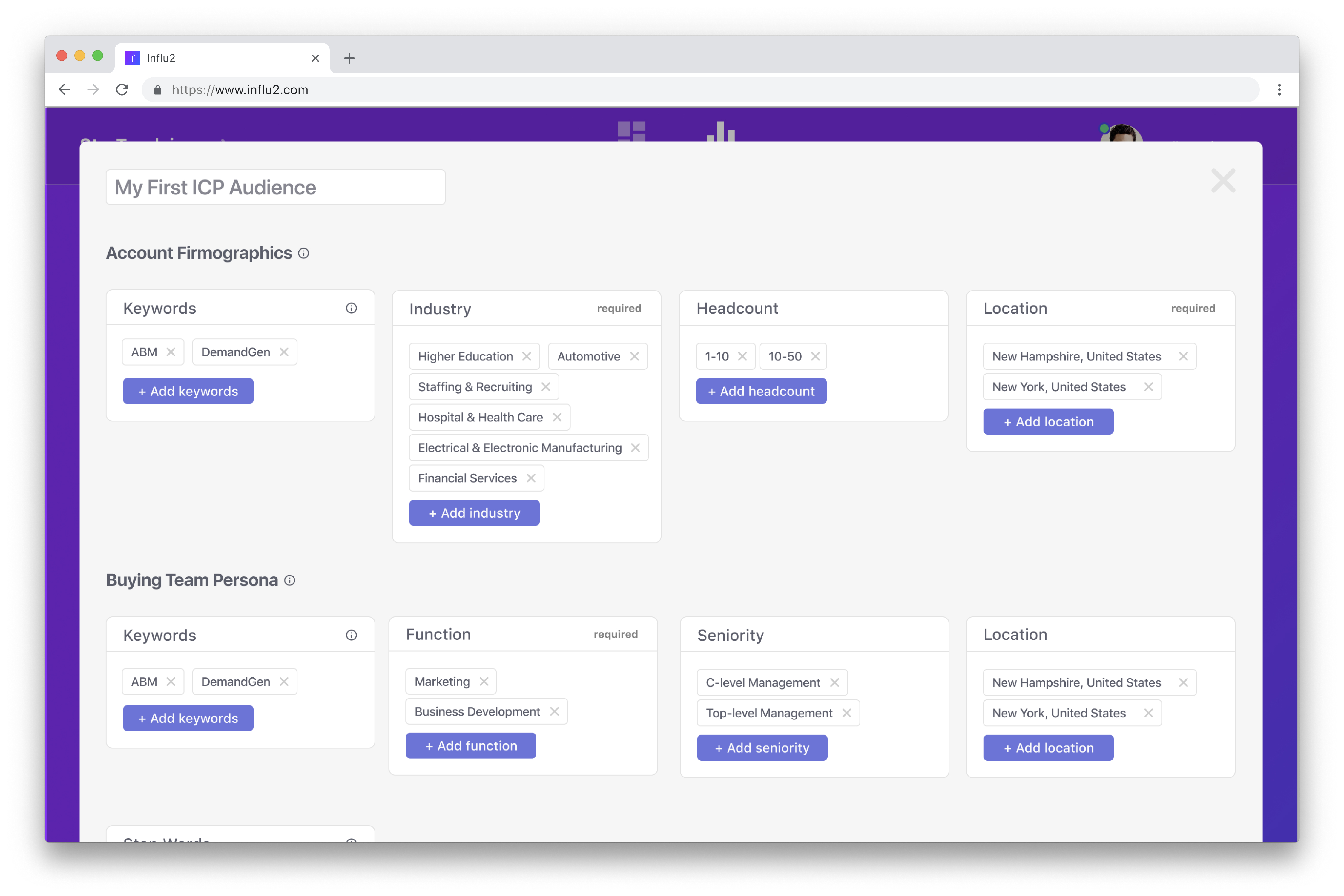 Influ2 screenshot: Build your custom audience. Create an audience by criteria and/or upload a list as a file or simply connect a CRM system