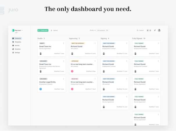 Juro screenshot: Stay in control and track all your documents with a dashboard for your contract pipeline. Deploy powerful search capabilities to find exactly what you need, right when you need it.