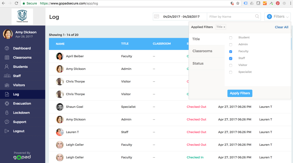 Users can filter the log by title, classroom, or status