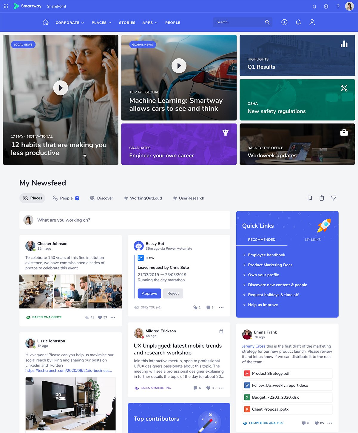 Beezy screenshot: Home newfeed for employees