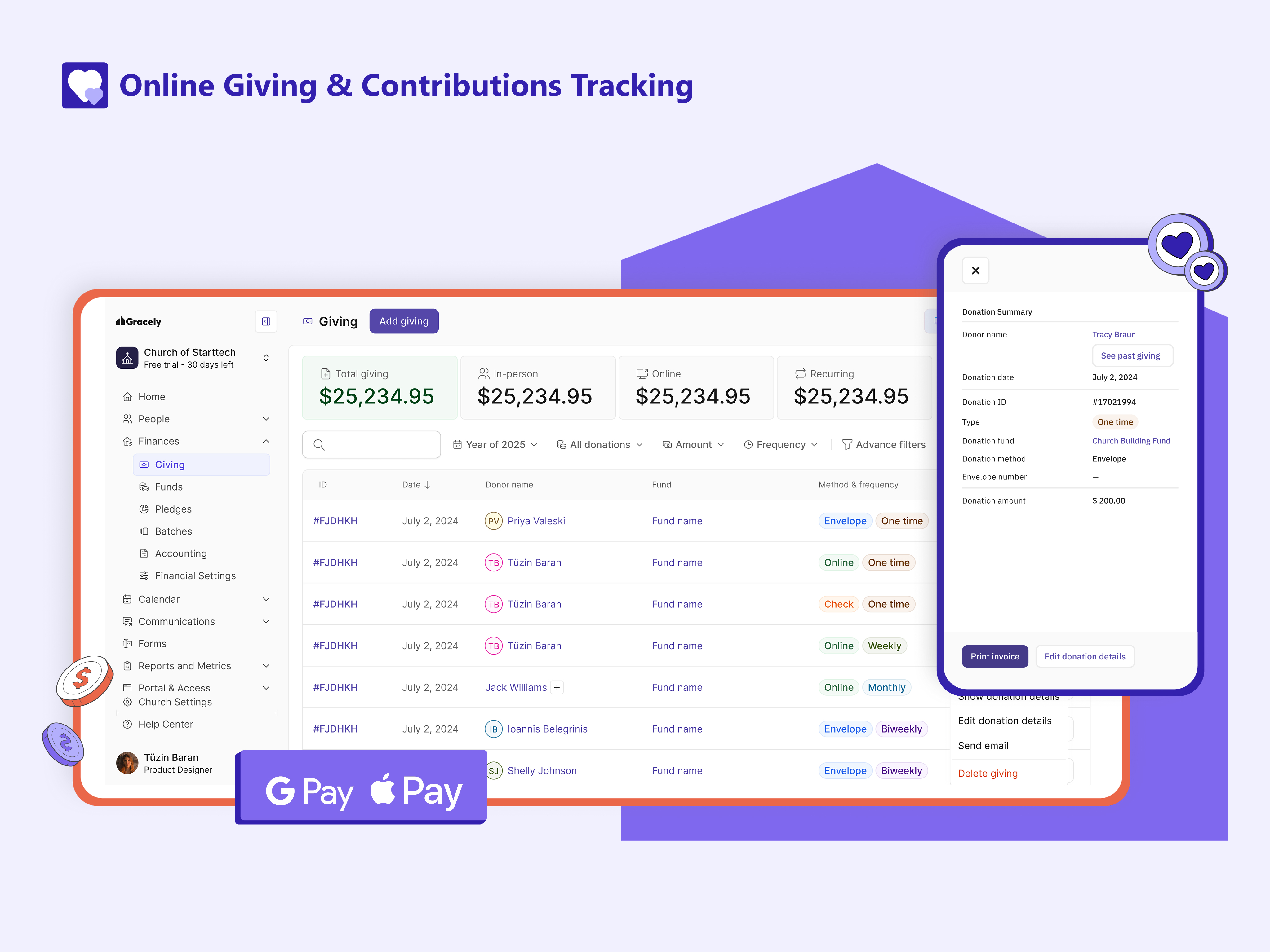Gracely screenshot: Accept online donations, record in-person contributions, manage church funds, link contributions to member profiles, mark funds as tax-deductible, view detailed transaction fees, and generate giving reports in a secure, trusted system.