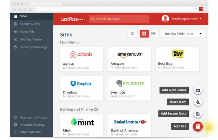 LastPass screenshot: LastPass allows users to store login details and passwords for their frequently used sites