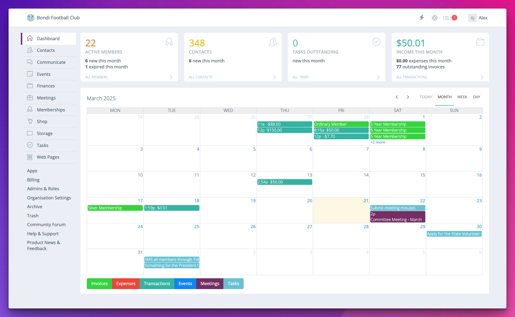 TidyHQ screenshot: The TidyHQ admin dashboard - a quick overview of key stats and recent/upcoming events, tasks and transactions.