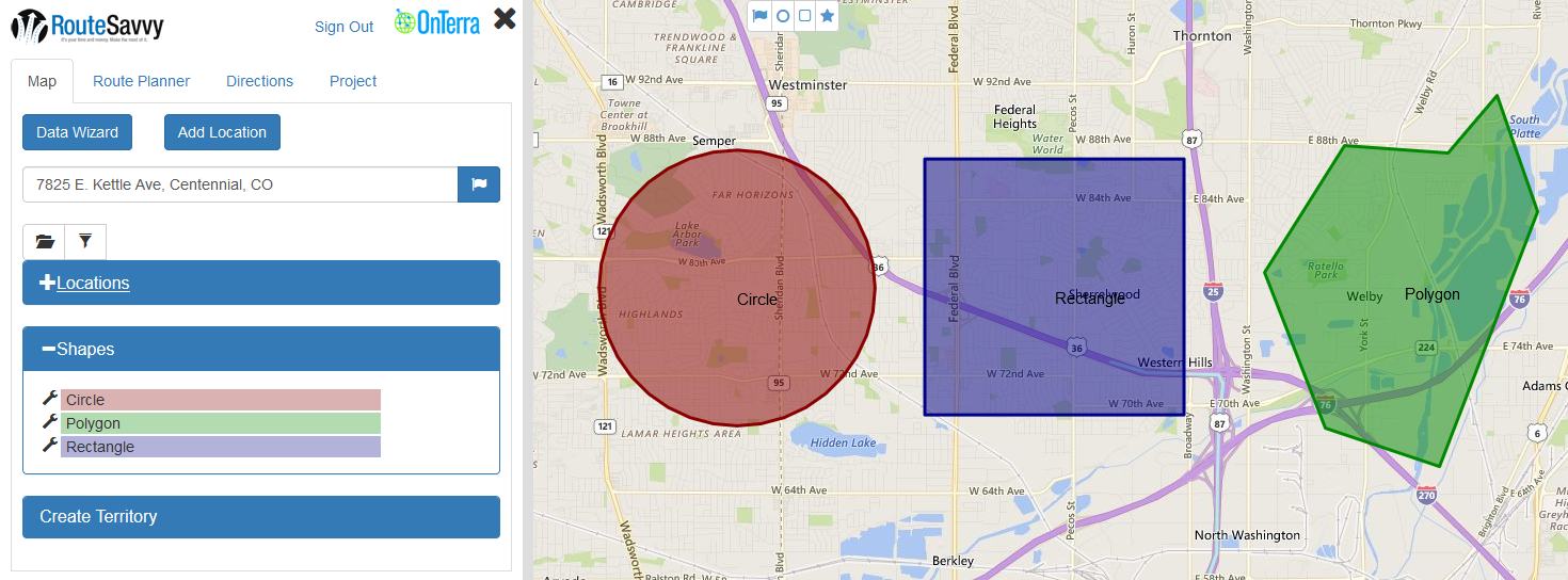 Create shapes in RouteSavvy to select locations or to manually create custom territories