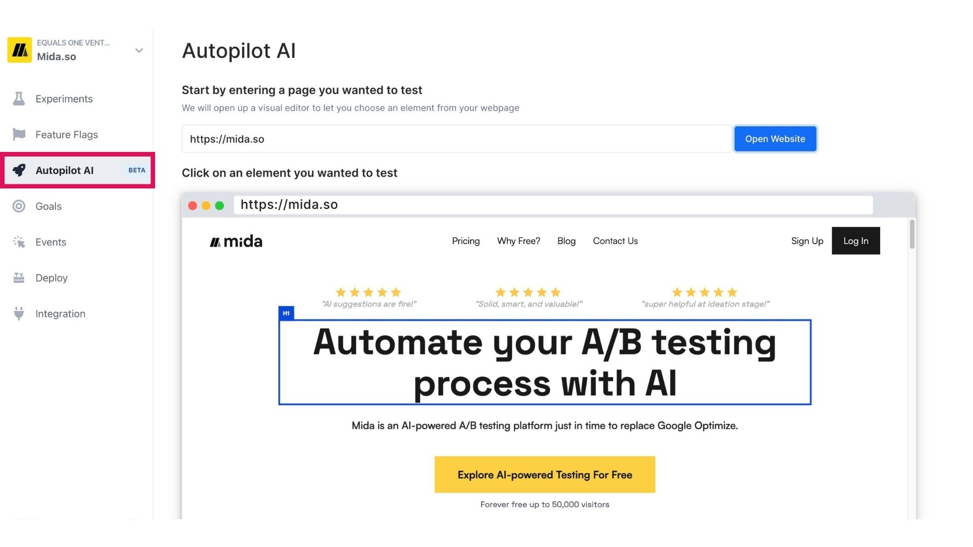 Run A/B test on autopilot to maximize conversions (powered by AI). 
