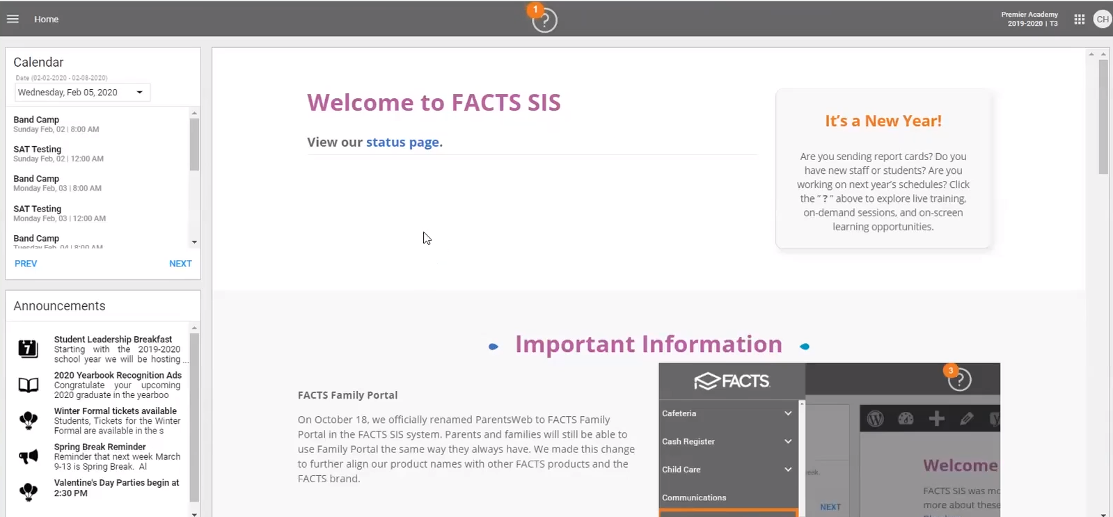 FACTS student information system dashboard