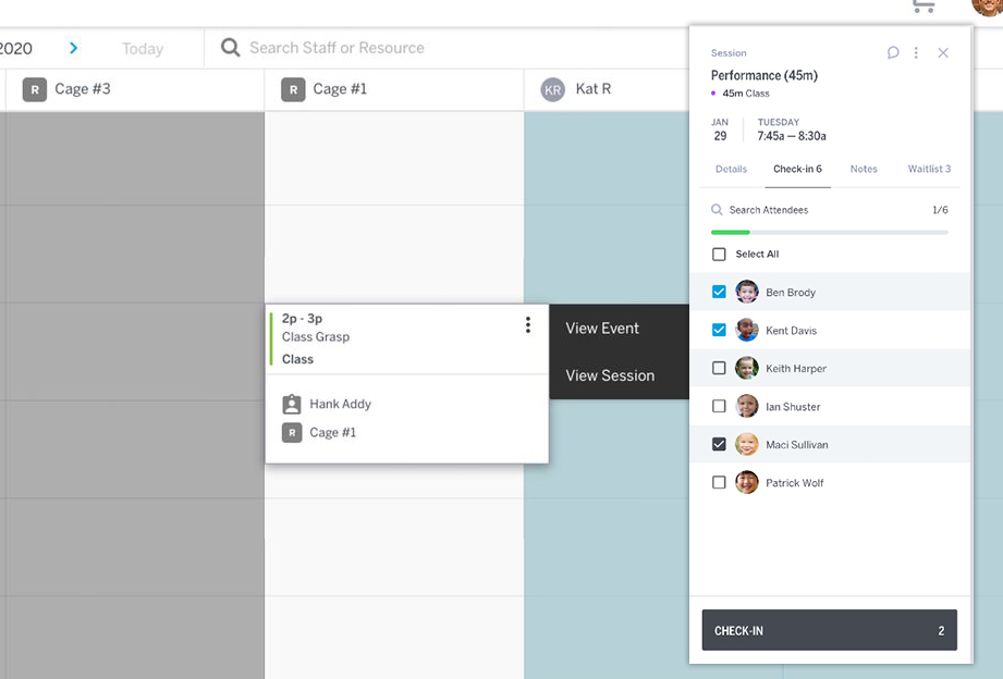 Easily check-in clients, manage waitlist, view notes and session details right form the calendar