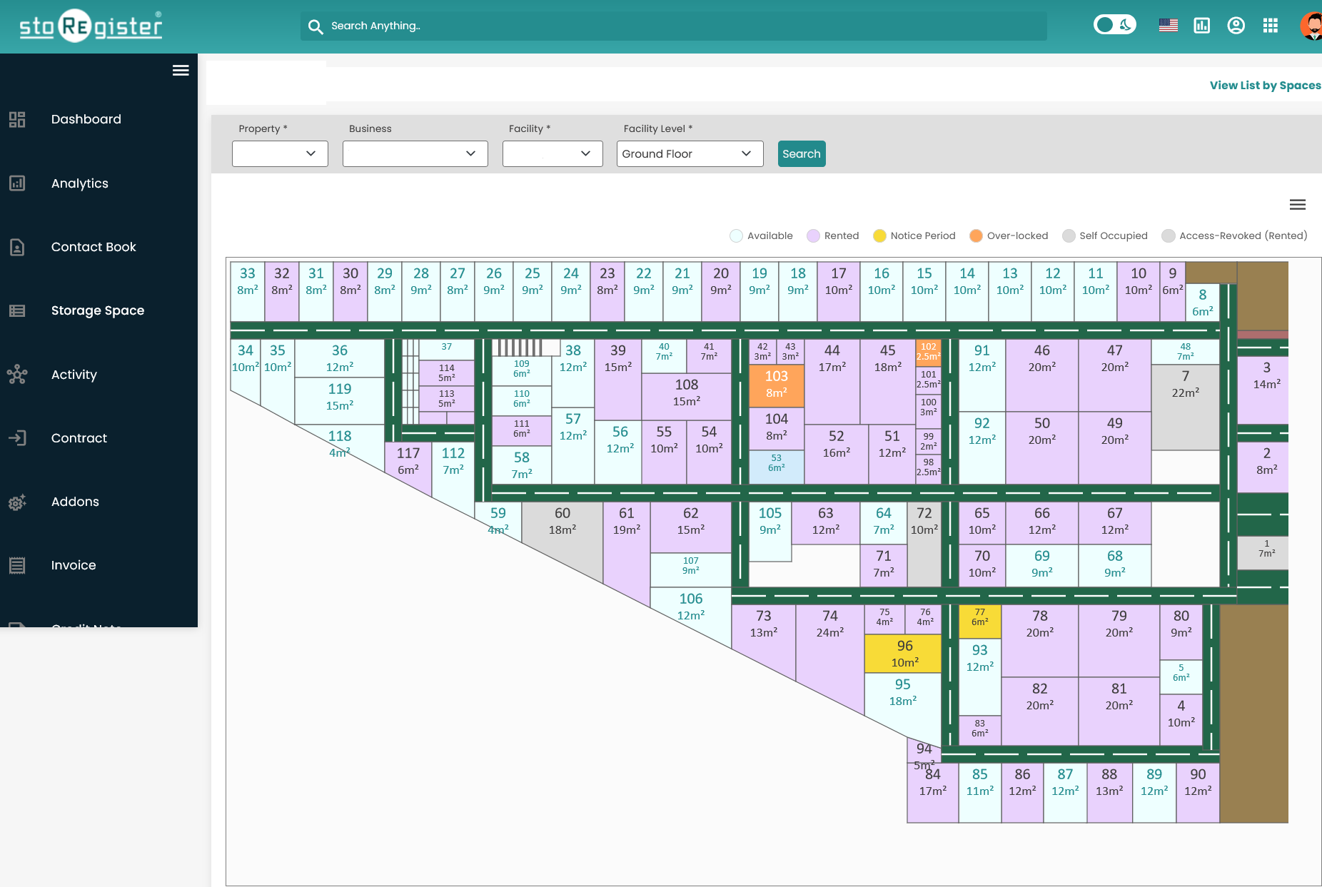 StoRegister Software - A quick view of the Facility blueprint with Unit number and size along with color codes based on unit status.