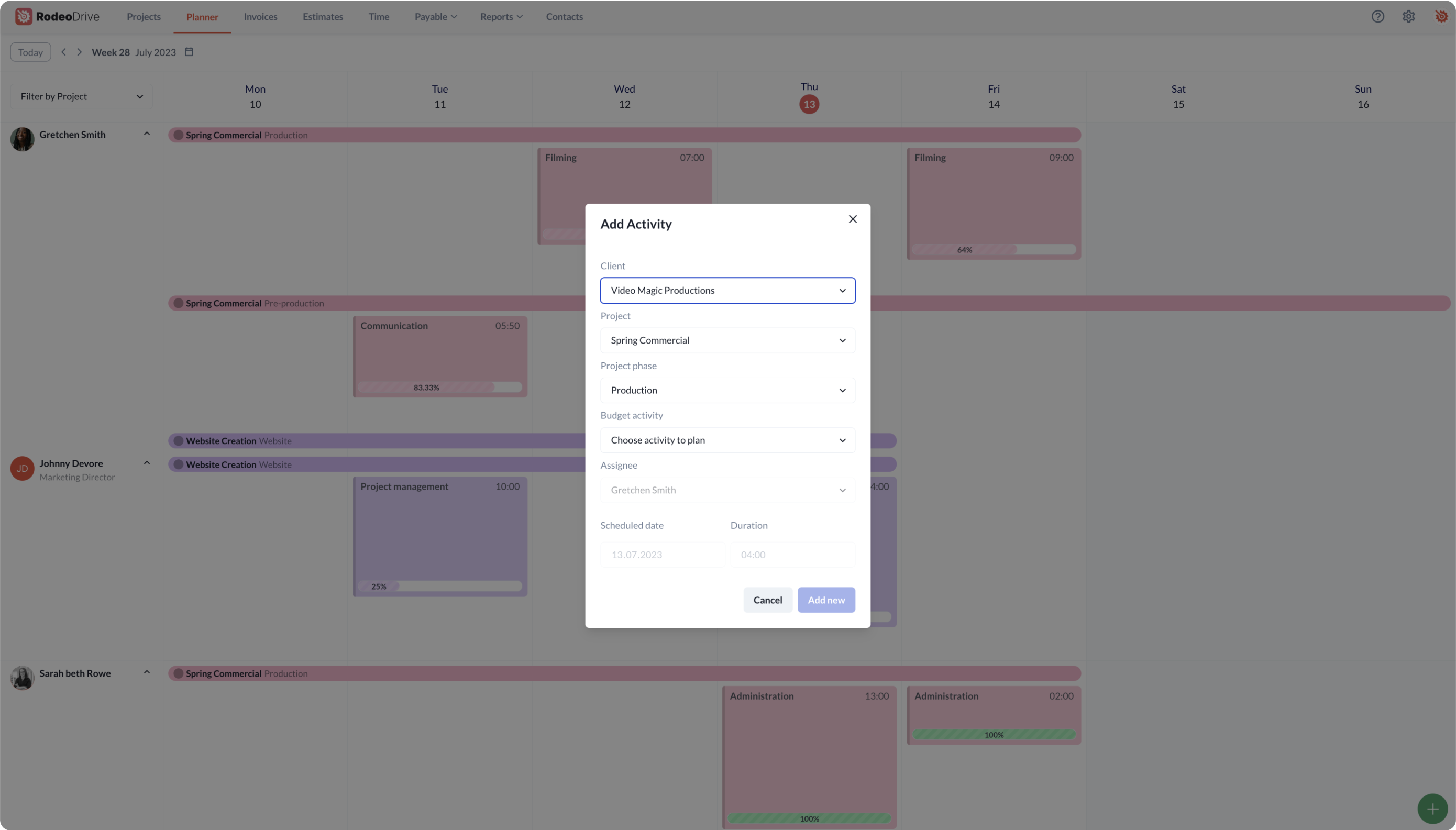 Rodeo Drive's planner feature helps you quickly allocate tasks and plan your project's schedule based on budgeted activities.