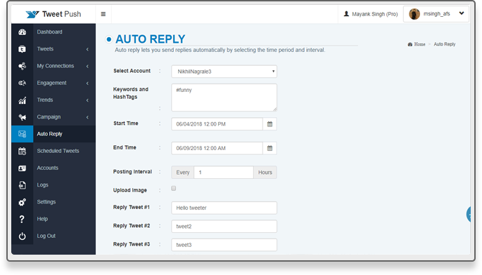 Auto-reply, retweet or follow based on keywords and hashtags