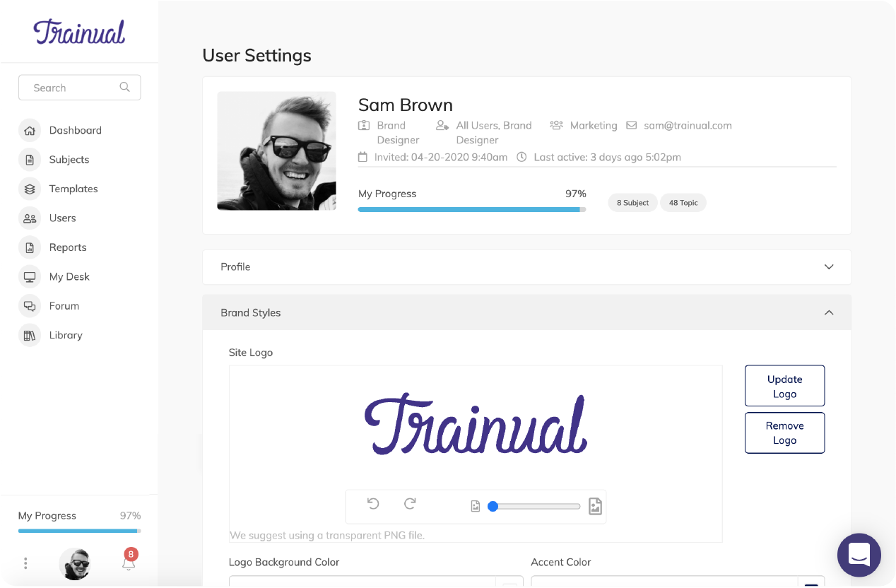 Trainual Software - Trainual Account Info editor where you can set account level brand styles and personal information