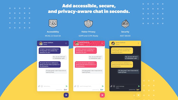 Olark screenshot: Add accessible, secure, and privacy-aware chat in seconds.
