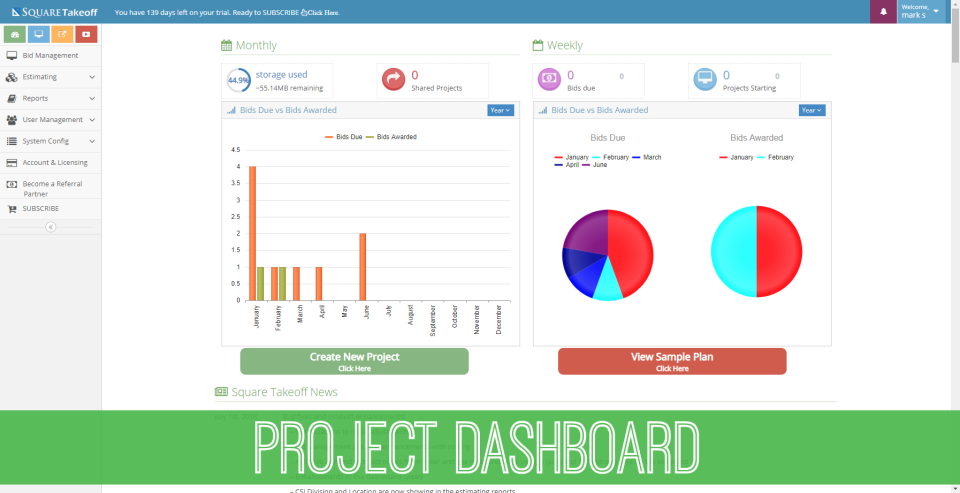 Square Takeoff Software - Gain centralized access to a weekly or monthly project overview from the project dashboard