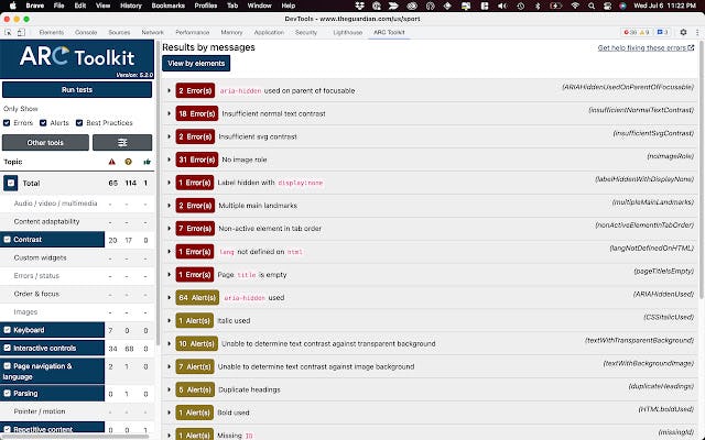 ARC Toolkit Software - List of WCAG errors that ARC Toolkit found on a webpage