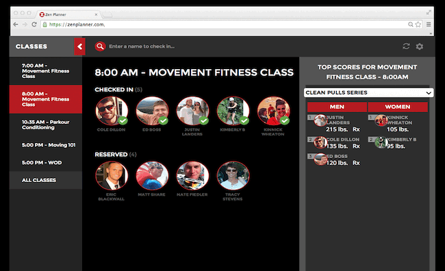 Zen Planner Software - Display current class workouts and top performers for members to view while they check-in