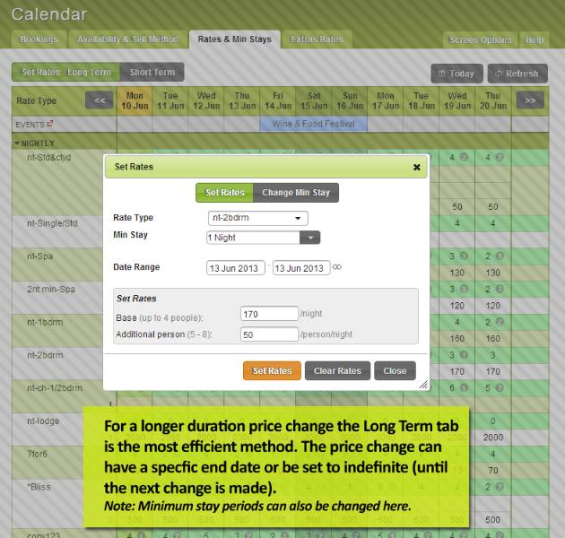 iBex PMS Software - The set rates popup features a Long Term tab as the most efficient method for setting longer duration price changes
