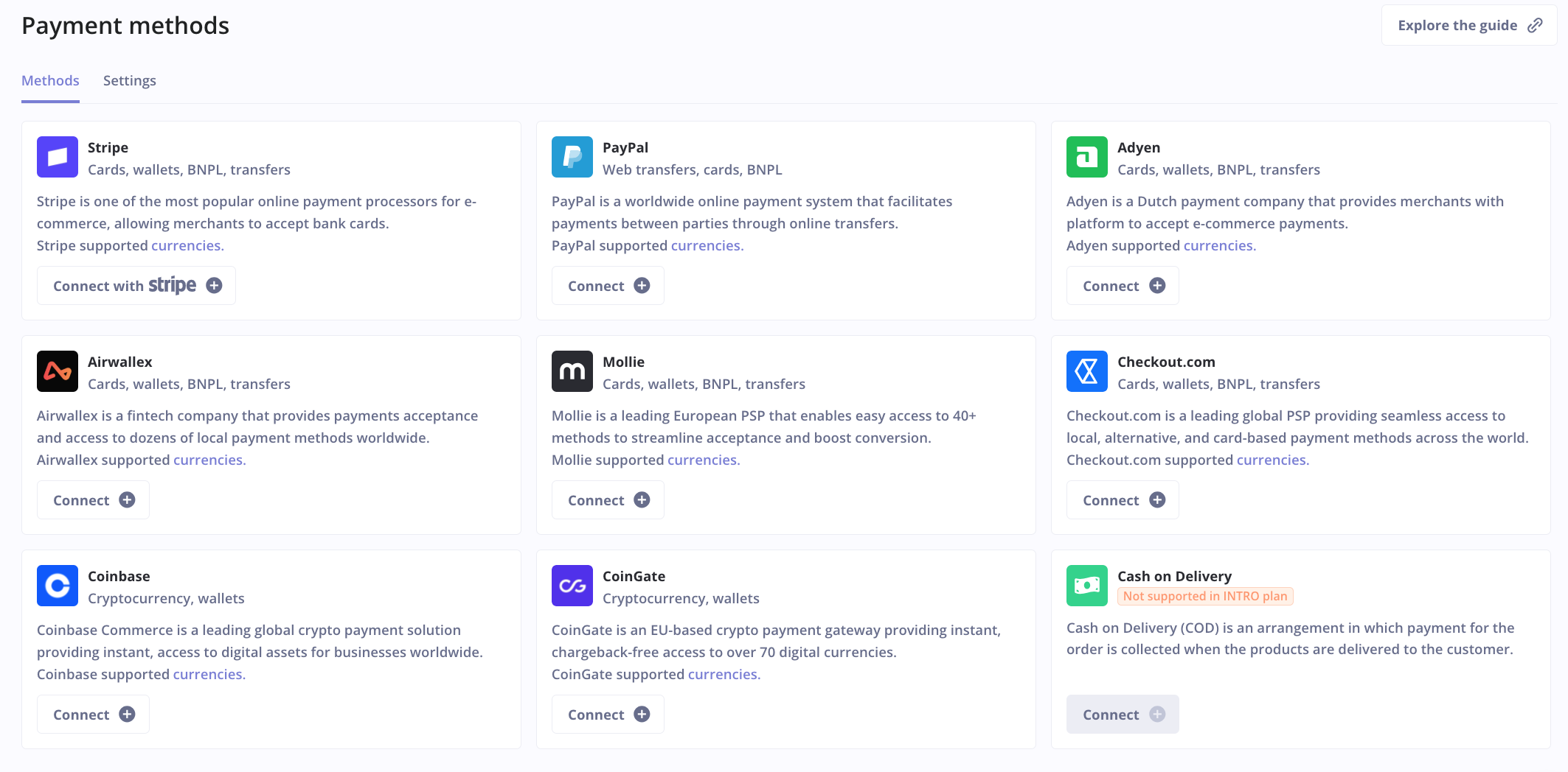 Checkify Pro screenshot: Payment methods: no-code integrations with world's most popular payment processors for eComm are available. The local and alternative methods they support, as well as crypto payments could be enabled.