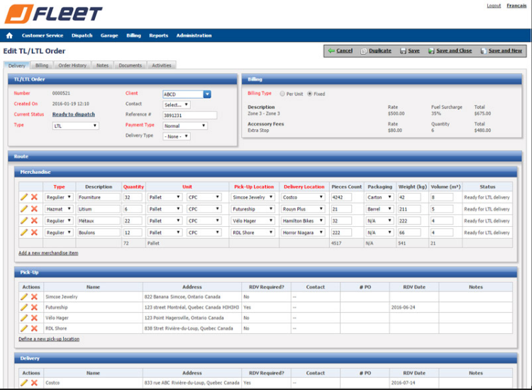 JFLEET screenshot: Edit and share dispatch orders