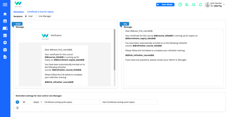 My Learning Hub Software - Notification customisation