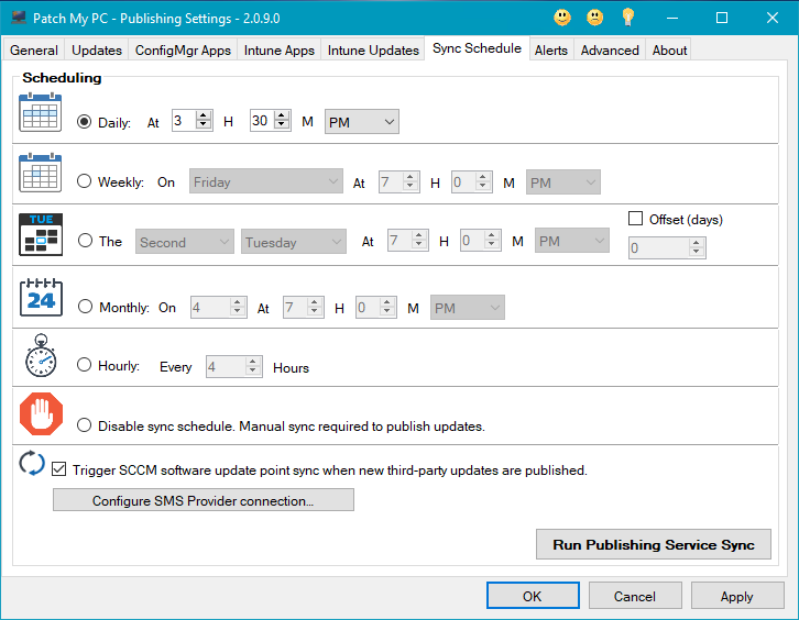 The sync schedule controls how often the Publisher will download the catalog and publish new third-party updates and applications to ConfigMgr or Intune.