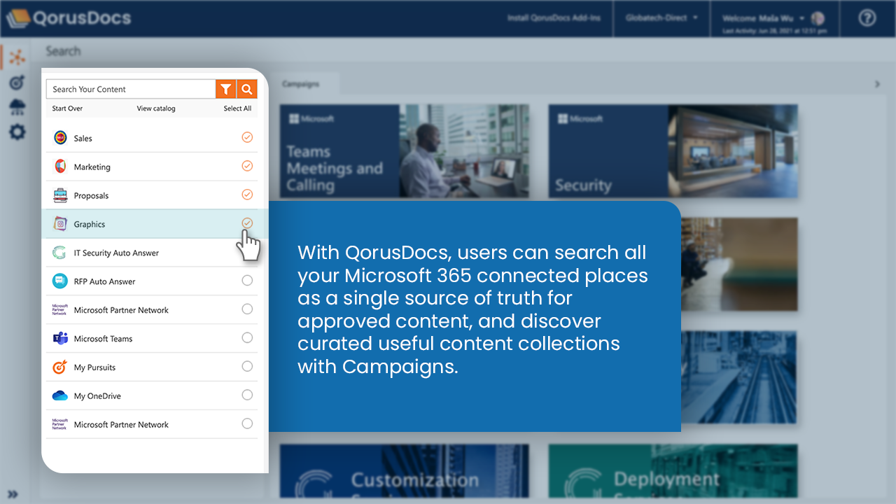 QorusDocs Software - Search one place at a time, or multiple places at once, including SharePoint Online, Microsoft Teams, and OneDrive for Business.