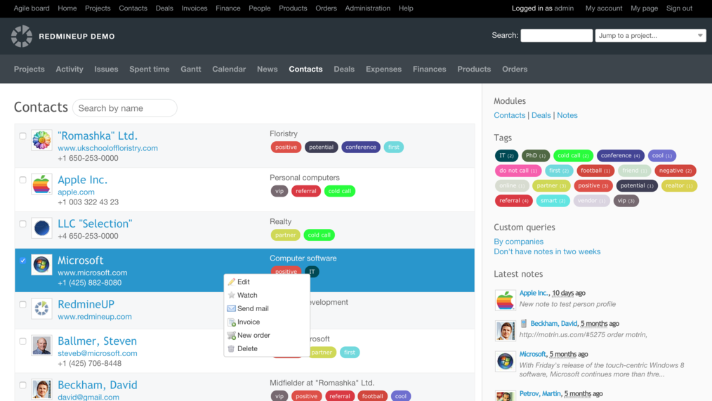 CRM module allows users to manage companies, contacts, deals and tasks