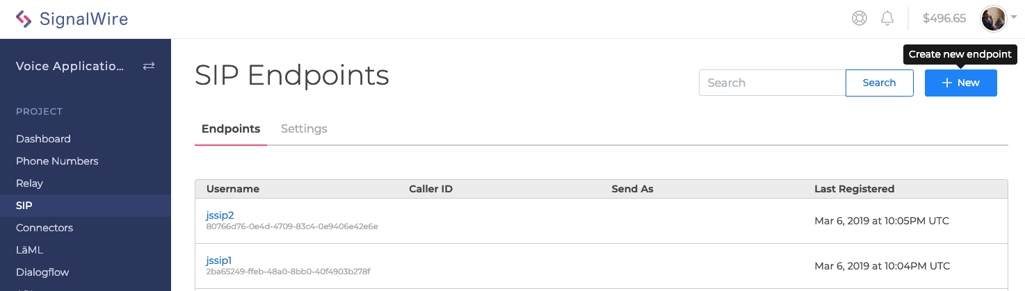 SignalWire screenshot: SignalWire edit SIP endpoints