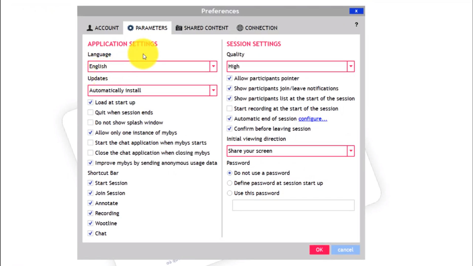 Mybys screenshot: Mybys parameters
