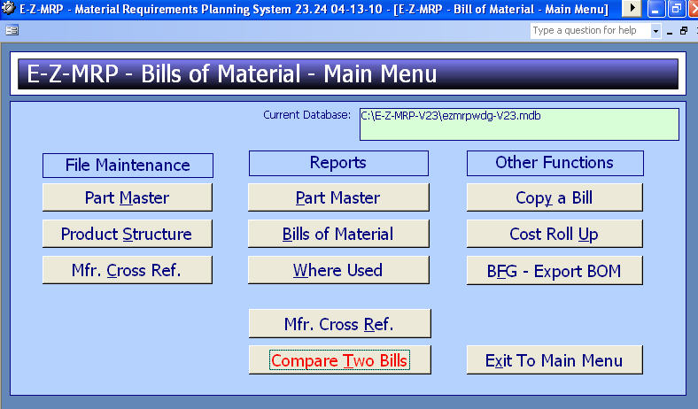 Bills of Material Main Menu