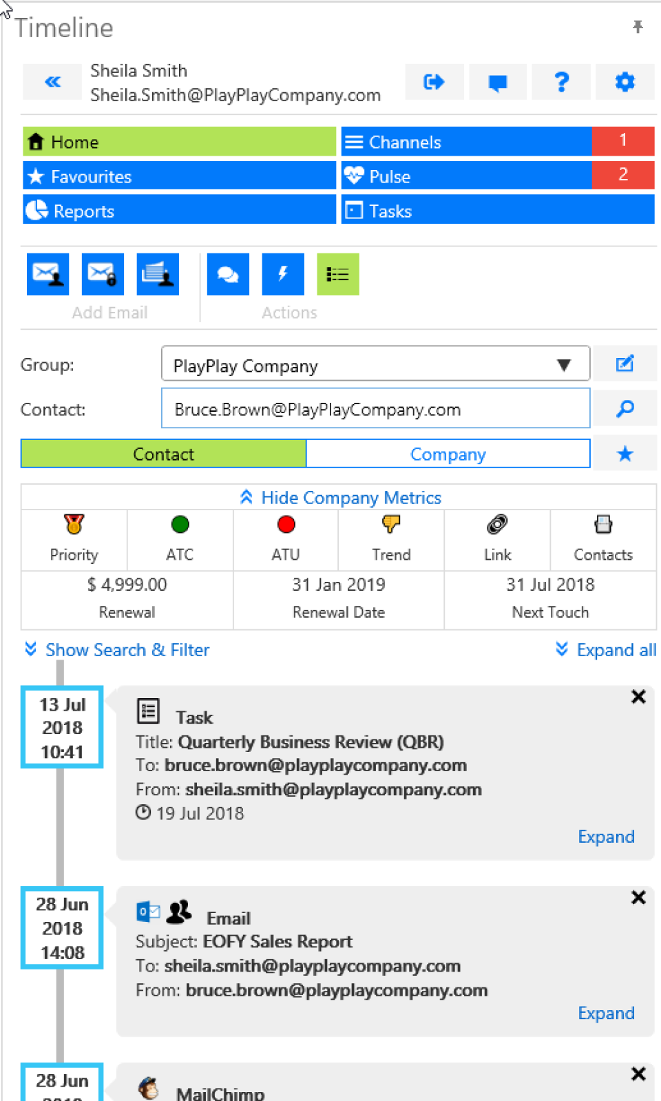 The timeline loads automatically when an email is selected or entered and displays all activity for the contact right in the inbox