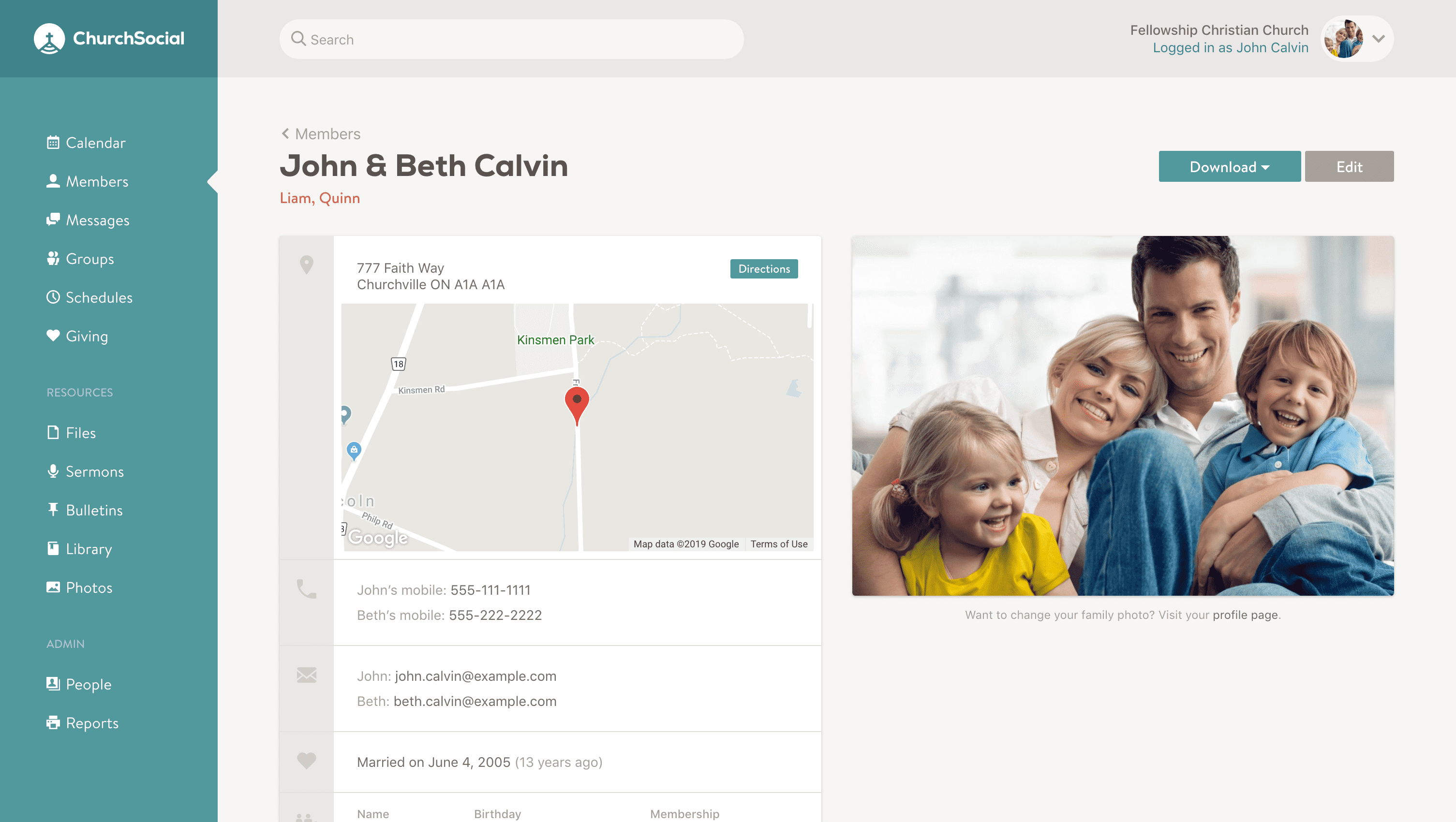 Church Social screenshot: Members can be searched in the photo directory