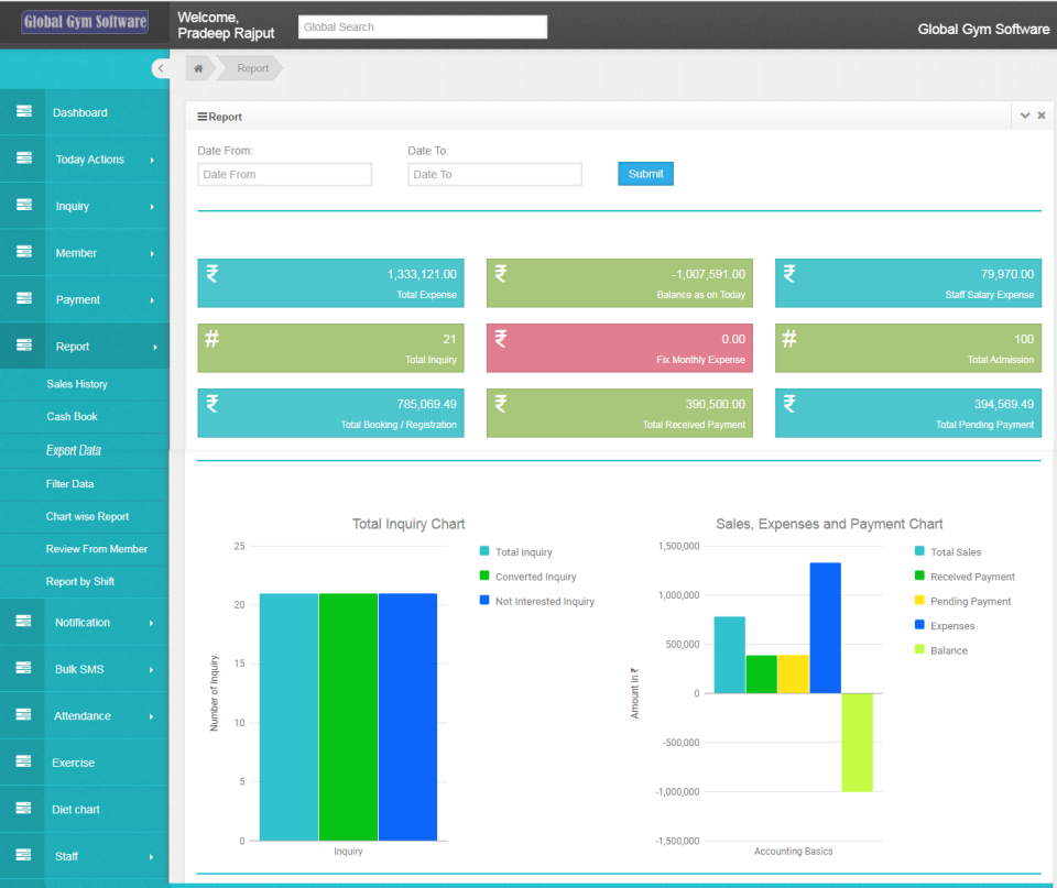 GLOBAL GYM SOFTWARE Software - GLOBAL GYM SOFTWARE cart wise report