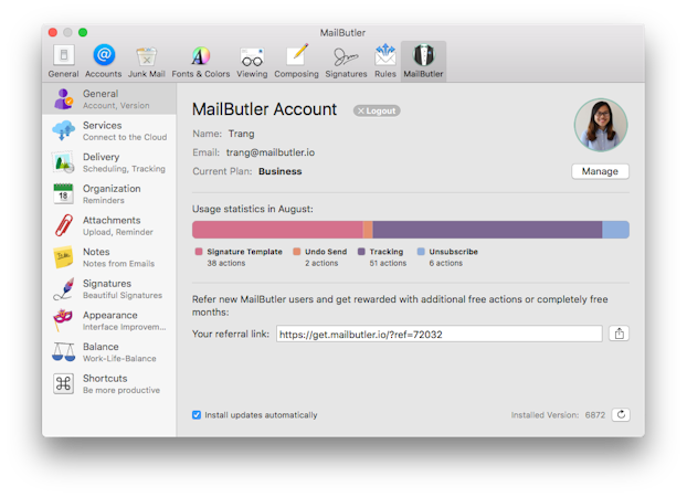 Mailbutler screenshot: The main window with information of profile and usage