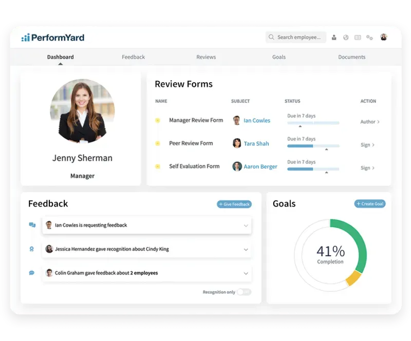 PerformYard offers a centralized dashboard for reviews, performance data, and goals.