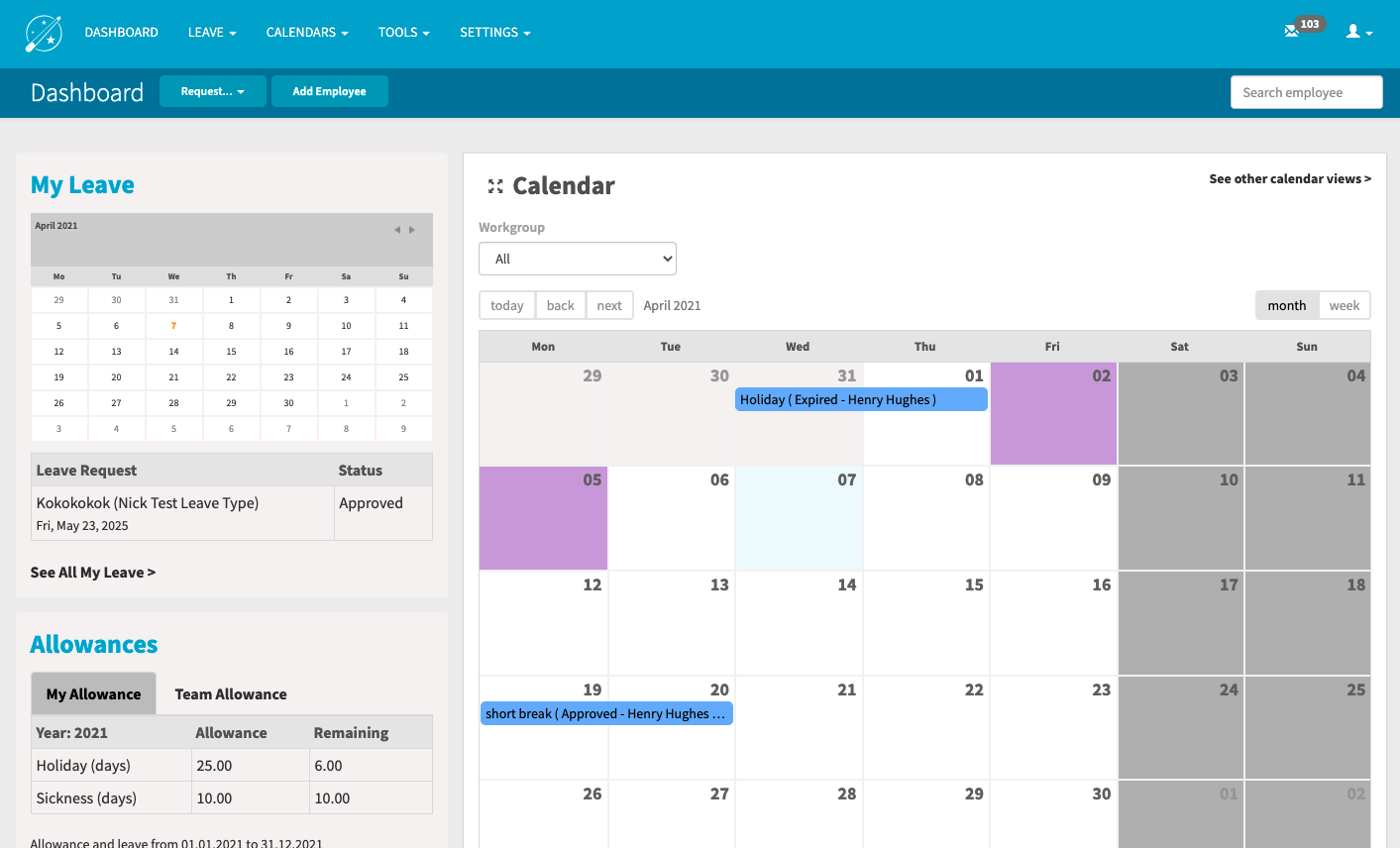 LeaveWizard screenshot: Administrator dashboard