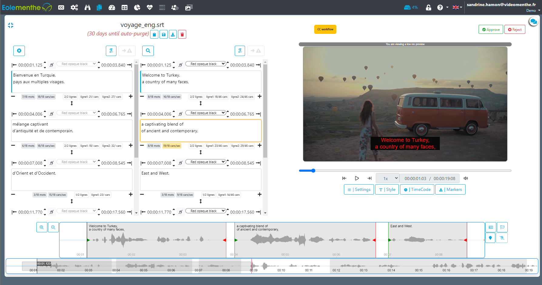 EoleCC: review & validate the translation in a 3-part interface, with a comprehensive timeline to adjust your subtitles!